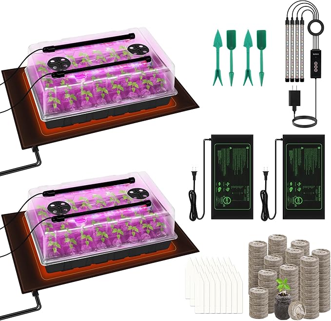 2 Set Seed Starter Kit 40-Cell Seed Starter Tray with Grow Light Full Spectrum Seedling Heat Mat 40 Peat Pellets Seed Starting Soil Plant Label Garden Tool for Germination Seeds Growing, Black