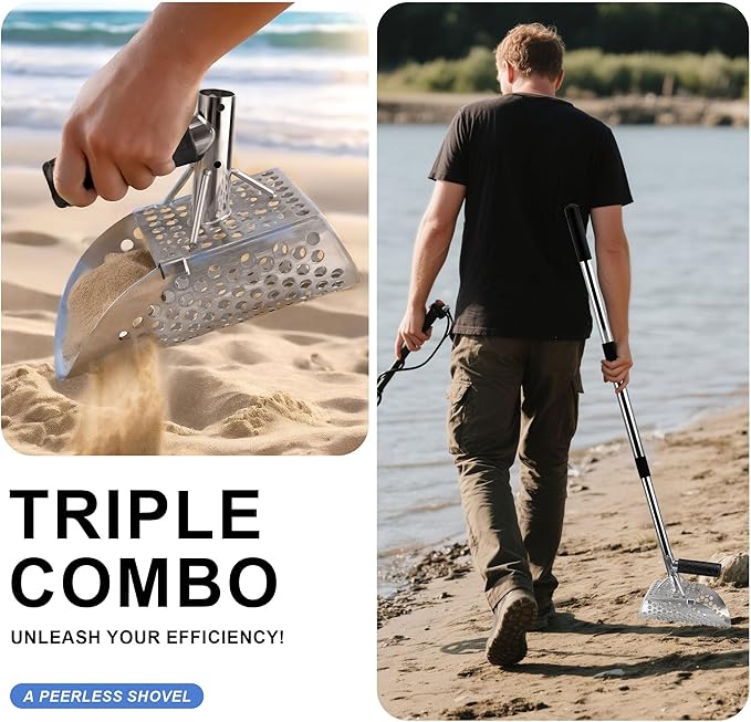 Sand Scoop for Metal Detecting,Heavy Duty Sand Sifter Scoop with Long Handle,Metal Detector Accessories, Beach Sand Shovel,Stainless Steel Sand Scoop for Underwater Treasure Hunting