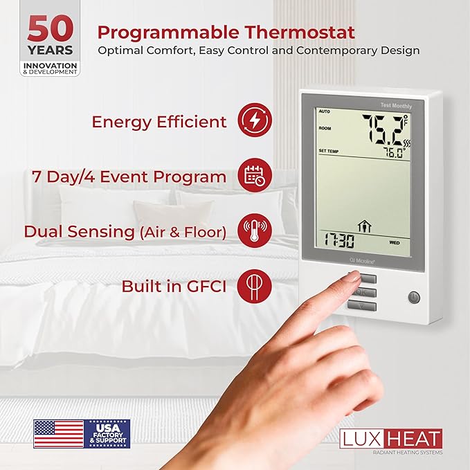 LuxHeat 40 Sqft Mat Kit, 240v Electric Radiant Floor Heating System for Under tile, Stone and Laminate. Kit Includes Alarm, Heated Floor Mat, UDG OJ Microline Programmable Thermostat w/GFCI & Sensor