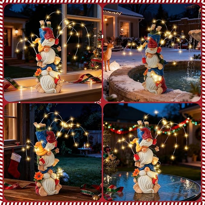 Christmas Gnomes Decorations for Yard, Triple Stacked with Firework Lights, Solar Garden Gnome Outdoor Decor Statue for Patio Lawn, Christmas Birthday Gift for Mom Grandma (11.5in)