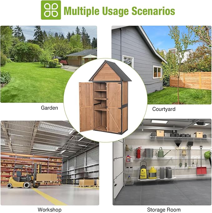 Outdoor Storage Shed with All Around Strong Metal Frame, Garden Shed with Adjustable Shelfs, Wooden Tool House with Floor, for Backyard Garden Patio Lawn, Brown