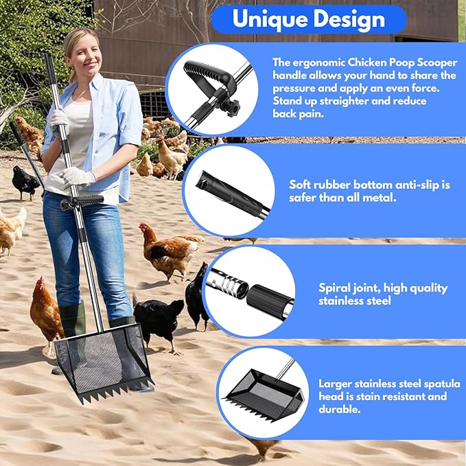 Chicken Poop Scooper & Rake 2-in-1,304 Stainless Steel Shovel Head, Chicken Litter Scoop with Handle for Chicken Coop & Pet Waste Cleaning, Litter Sifting Shovel (35 to 65") (Black, 10inch)