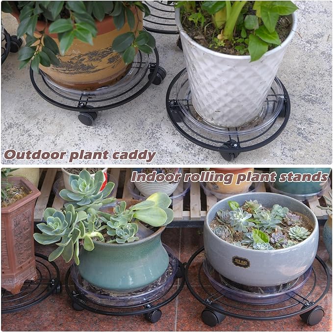 15.8" Metal Plant Caddy with Wheels 5 Packs Extra-large Rolling Plant Stands Wheeled Plant Dolly Heavy-duty Pot Mover Roller Base Indoor Outdoor Plant Trolley Cart with Brake Water-proof, Black