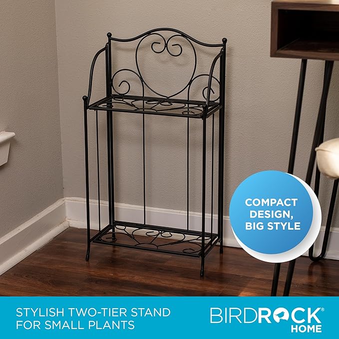 BIRDROCK HOME 2-Tier Metal Tiny Plant Stand Shelf - Decorative Mediterranean Scroll Design - Lightweight Folding - Black Metal Holder Rack - Indoor or Outdoor Use - Great for Small Spaces - Small