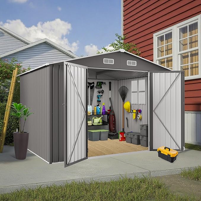 10x8 FT Outdoor Storage Shed, Metal Garden Shed with 4-pane Window, Outside Tool Sheds with Lockable Hinged Doors, Waterproof Storage Building with 4 Air Vents for Backyard, Patio, Lawn, Gray