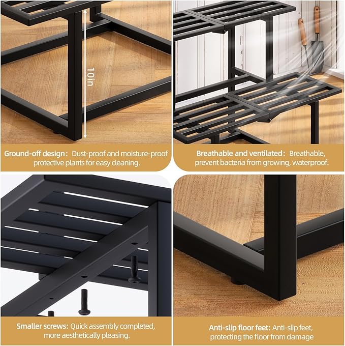 Metal Plant Stand Indoor, Outdoor Iron Plant Shelf, Heavy Duty Slatted Display Shelf for Patio Balcony Garden Living Room Load Bearing 330 LB 26" L x 20.2" H x 17.7" W 2 Tier Black