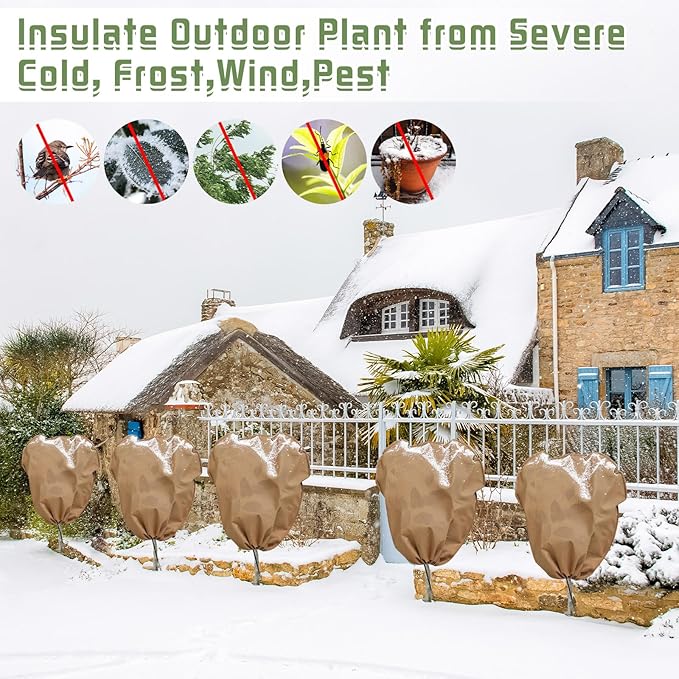 6 Pcs Winter Plant Covers Freeze Protection Reusable Plant Protector Bag with Drawstring Warm Shrubs Cover Frost Protection Planting Jacket Bags for Outdoor Garden, Brown (23.6 x 23.6 Inch)