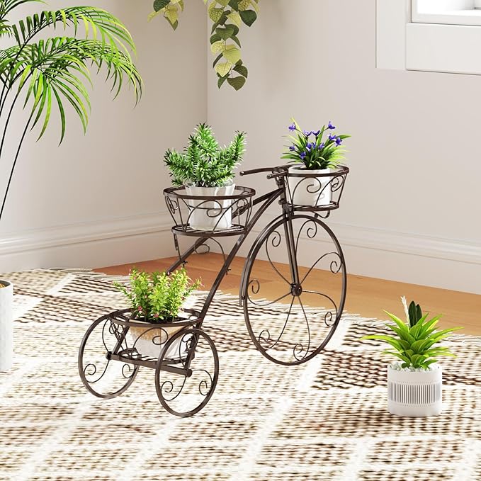 Tricycle Plant Stand, 3-Tier Metal Plant Stand Bicycle Flower Pot Cart with Hollowed Baskets, Planter Potted Holder for Patio, Garden, Deck, Lawn (Bronze)