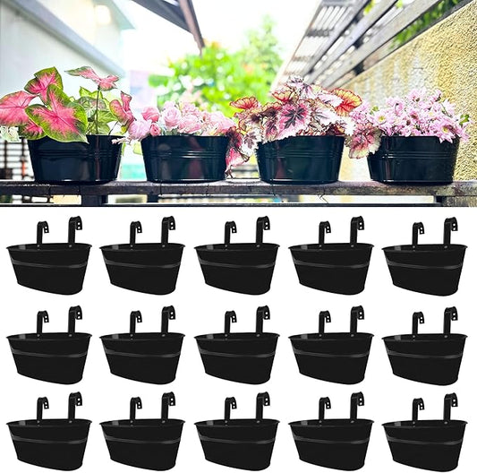 LaLaGreen Outdoor Plants Rail Planter (11.2 Inch, 15 Pack) Black Metal Iron Hanging Flower Pots Deck Railings Fence Buckets Modern Boho Style Wall Mount Window Box Plant Holder Hooks Porch Home Decor