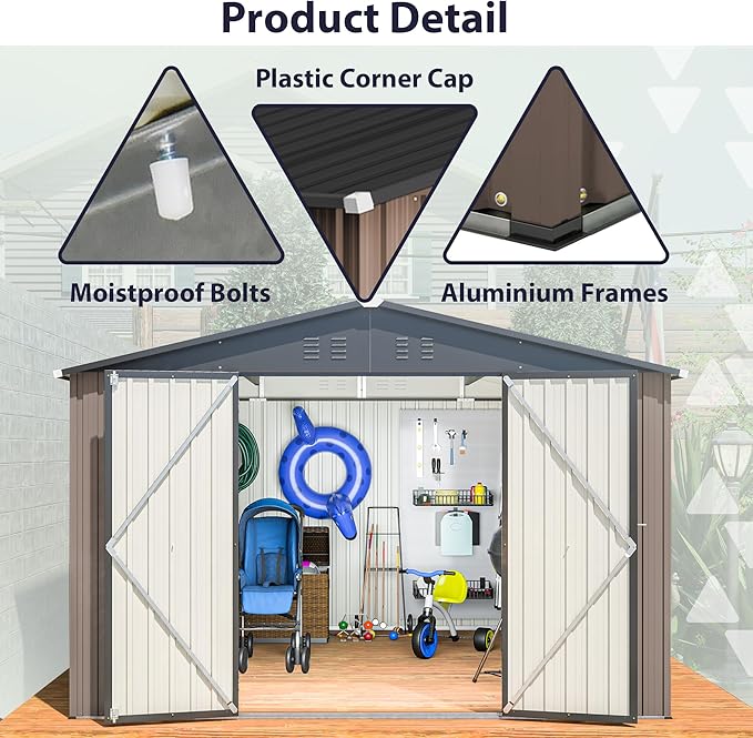Favfurish Outdoor Storage Shed 10 x 10 FT,Heavy Duty Tool Sheds Metal Storage Garden Shed with Sloped Roof and Lockable Doors,Large Metal Storage Sheds for Backyard Patio Lawn, Brow