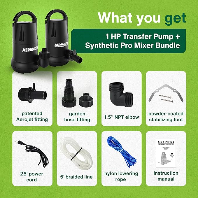 Aeromixer Synthetic Pro 3/4 HP Submersible Mixing + Aerating Pump with 1 HP Water Transfer Pump Bundle - Water Aerator & Garden Utility Pumps, Nutrient Mixing & Aeration Pumps for Farming & Gardening