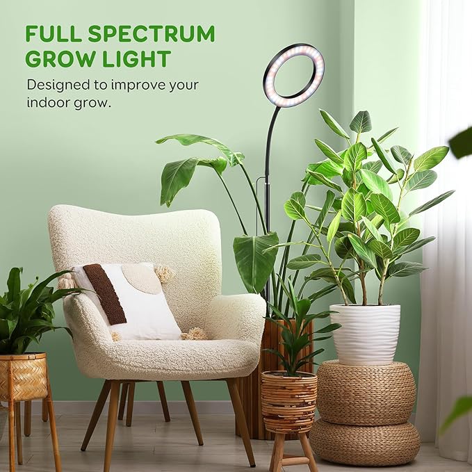 One Head Grow Lights for Indoor Plant Full Spectrum, Plant Lights for Indoor Growing with 3/9/12 Timer, 5 Dimmable Levels, Height Adjustable 16.5''-68", Strong Base for Large Plants