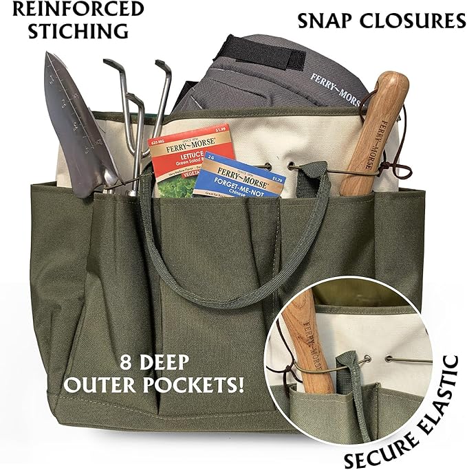 Ferry Morse Garden Tool Bag, 8 Pockets Gardening Bag, Heavy Duty Garden Tote Caddy