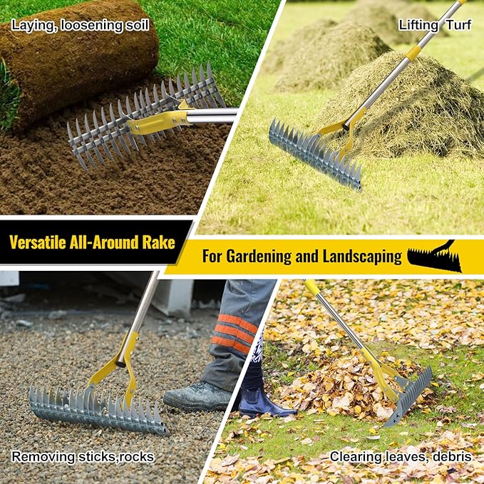 Garden Leaf Rake: Dual Function Thatching Rake for Lawn Dead Grass Leaves, Stainless Steel Heavy Duty 69” Lawn Dethatcher with Sharp 19 Tines, Fast Weeds, Leaf, Thatch, Dead Grass Removal Garden Tool