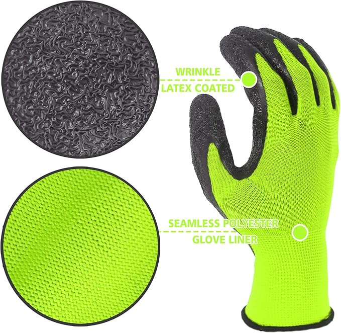 Evridwear Crinkle Latex Rubber Hand Coated Safety Work Gloves for Men Women General Multi Use Construction Warehouse Gardening Assembly Landscaping (XL-Size) Lime 120 Pairs Pack
