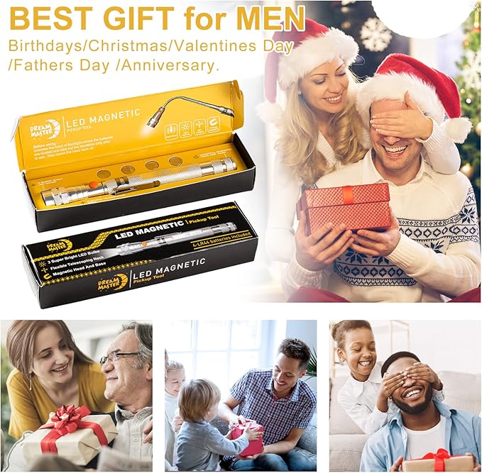 Magnetic Pickup Tool, Gifts for Men, Telescoping Magnet Flashlight, Gifts Idea & Stocking Stuffers for Men, Teen Boys, Mechanic, Boyfriend, Christmas Gifts for Dad, Husband, Father, Silver