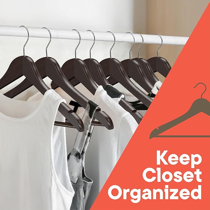 Brown Wooden Hangers 80 Pack – Heavy-Duty with 360° Swivel Hook, Non-Slip, Pants Bar & Shoulder Grooves - Wooden Hangers for Suits, Jackets, Dresses & Camisoles, Space-Saving and Smooth Finish