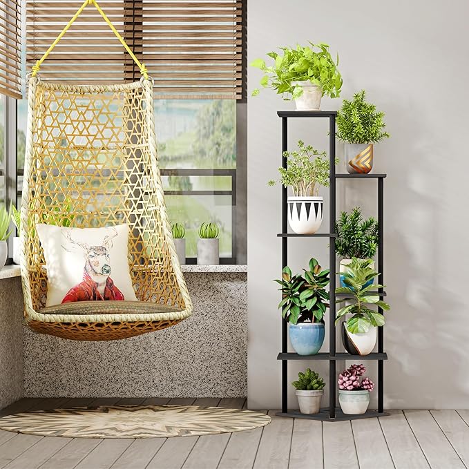 Tall Plant Stand Indoor, 6-Tier Modern Plant Shelf for Multiple Plants, Wood Metal Flower Holder for Living Room Balcony Bedroom, Black