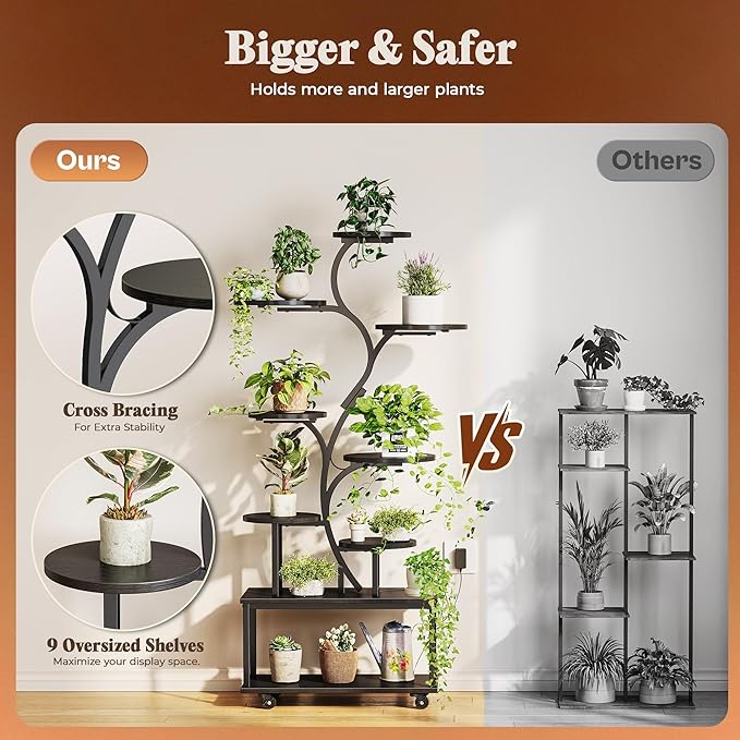 PRAISUN 63.6 Inch Plant Stand with Grow Lights, 9 Tiered Indoor Plant Shelf with Larger Flower Holder, Curved-tubed Design, 3 Light Modes, Movable Wheels, Corner Plant Rack for Living Room, Black