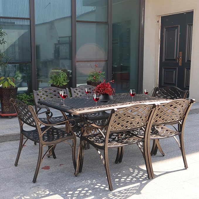 60" Rectangular Patio Dining Tables for 6 Person Cast Aluminum Round PatioTable with 2.5" Umbrella Hole, Wrought Iron Patio Bistro Table Metal Outdoor Bistro Dining Table for Garden,Bronze