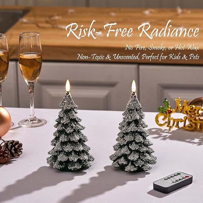 Christmas Tree Candles Covered in Snow with Remote, 2 Pcs Waxy LED Flameless Candles Flickering, Green Electric Candles Battery Operated for New Year Celebration Holiday Decorations 8.5 Inches