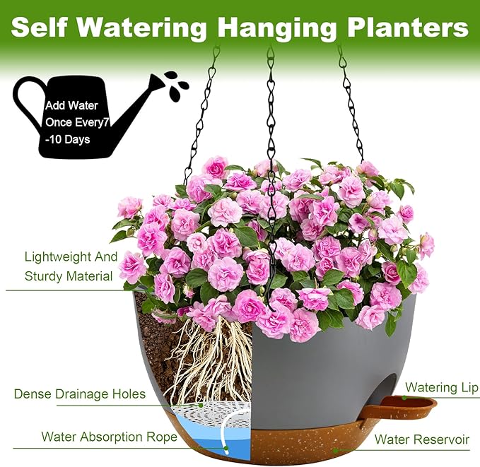 3 inch Hanging Planters for Indoor Plants, 3 Pack Self-Watering Hanging Planter Pots with Chain and Drainage Holes, Outdoor Plastic Hanging Baskets for Garden Home Decor (Grey With Brown, 3pcs/10inch)