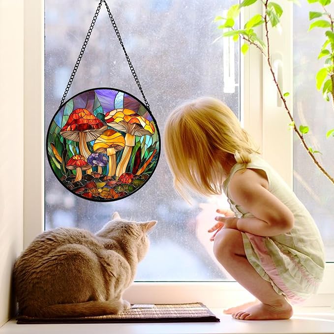 Stained Glass Window Hanging, Jungle Mushrooms Sun Catchers Diamond Glass Panel Hangings Plant Suncatcher Decor for Birthday for Women, Men, Wife, Aunt, and Mom 7.8 in