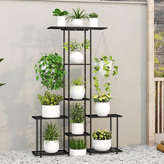 Plant Stand Indoor Outdoor, Metal 6 Tier Tall Hanging Plant Shelf for Multiple Flower Planter Large Heavy Duty Ladder Plant Holder for Garden, Black (y-201)