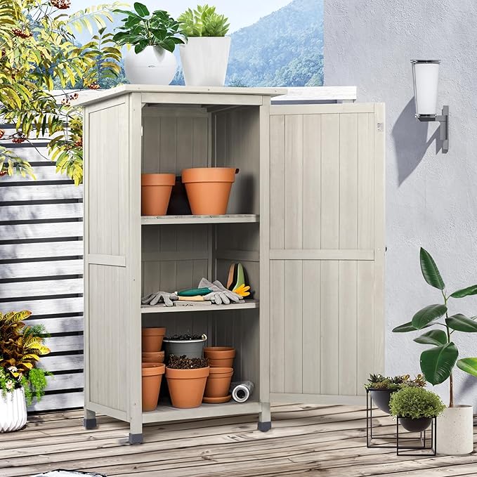 Wooden Outdoor Storage Cabinet, Vertical Garden Tool Shed with Waterproof Metal Roof & 2 Adjustable Shelves Ideal for Yard, Patio, Deck and Porch (Gray, 20" x 24" x 48")