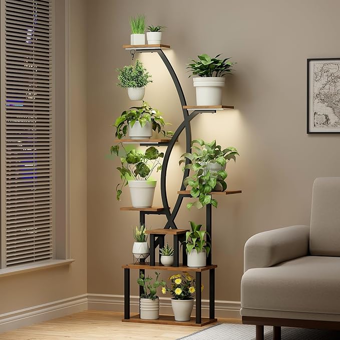 Plant Stand Indoor,8-Tier 65 inch Tall Plant Shelf for Indoor Plants with Grow Light, Plant Shelf with Adjustable Brightness & Timer,Modern Metal Plant Display Rack for Living Room/Patio