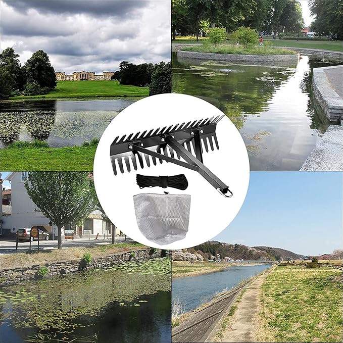 Shengyi Pond Rake - Steel Blades 16-32 inch Aquatic Weed Removal Tool, Double Sided Lake Weed Cutter with 66ft Rope