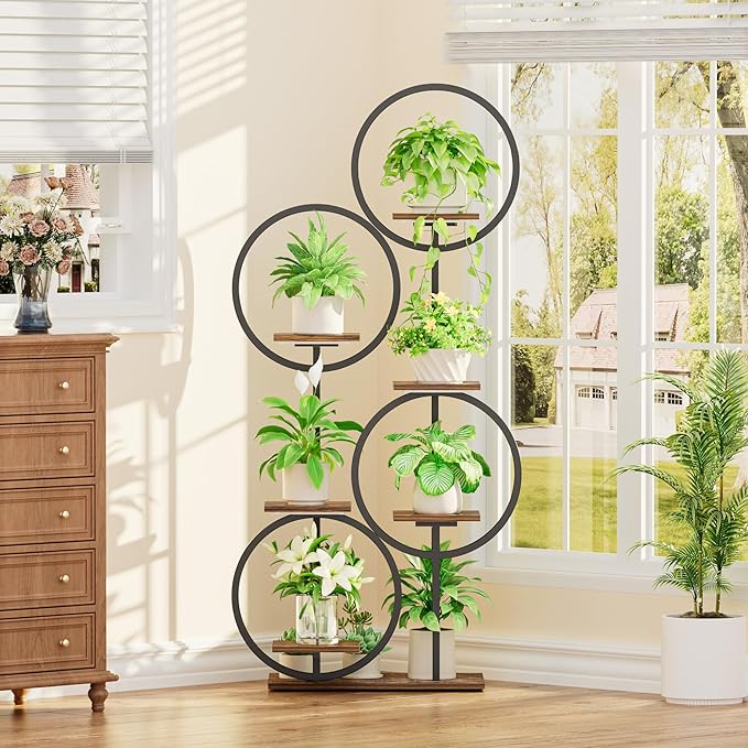 Plant Stand Indoor with Grow Lights - 6 Tiered 55" Round Corner Plant Stands for Indoor Plants, Plant Shelf with Grow Light, Multiple Metal Lighted Plant Stand for Balcony, Living Room, Patio