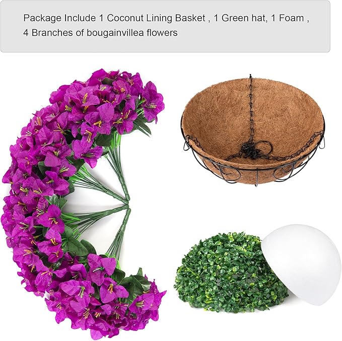 Artificial Fake Hanging Flowers Plants Basket for Outdoors Spring Summer Decor, Faux Silk Bougainvillea in Planter Look Real UV Resistant Faux Flower for Outside Porch Patio Garden Home Decor, Purple
