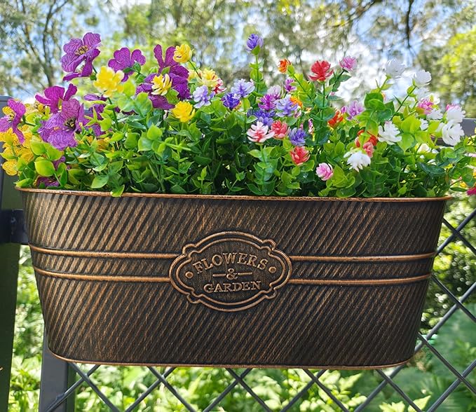 3 Pcs Large Balcony Planters Railing Hanging Flower Pots- 16.2 Inch Metal Railing Planter Box Fence Planters for Outdoor Plants with Detachable Hooks and Drain Holes for Garden Decor (Retro-3pcs)