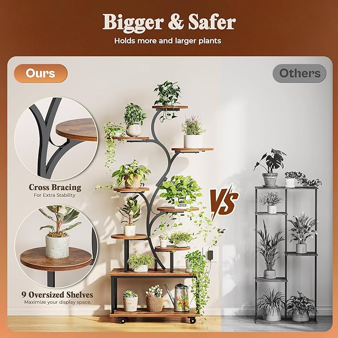 PRAISUN 63.6 Inch Plant Stand with Grow Lights, 9 Tiered Indoor Plant Shelf with Larger Flower Holder, Curved-tubed Design, 3 Light Modes, Movable Wheels, Corner Plant Rack,Living Room, Rustic Brown