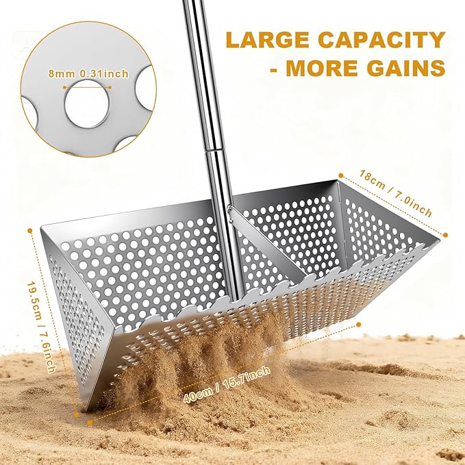 Sea Flea Rake for Beach - Premium 304 Stainless Steel Sand Crab Catcher, Beach Sifter 52’’ Long Handle w Ergonomic Curved Design, Large Basket w Curved Teeth, Sand Sifter for Shark Teeth, Shells