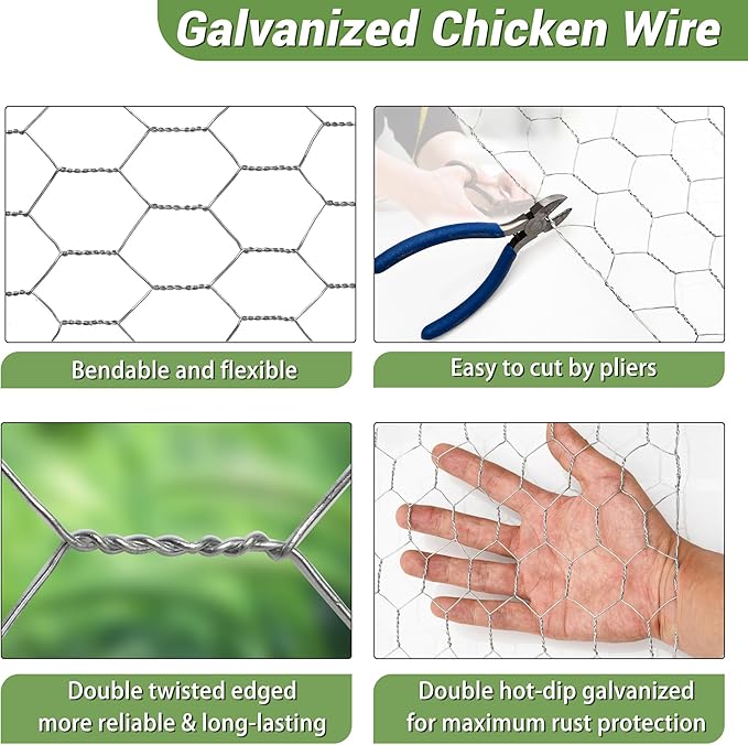 Chicken Wire Fencing Mesh, Galvanized Hexagonal Floral Chicken Wire, Outdoor Anti-Rust Chicken Wire Poultry Netting for Garden Fence (1.5 ft x 100 ft, Hot-Dipped)