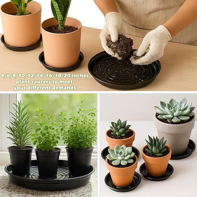 20 Packs 14 Inches Large Black Plant Saucers for Indoor Outdoor Use Heavy Duty Plastic Plant Trays for Planter Bulk Flower Pot Drip Trays to Catch Water, 4 to 20 Inch