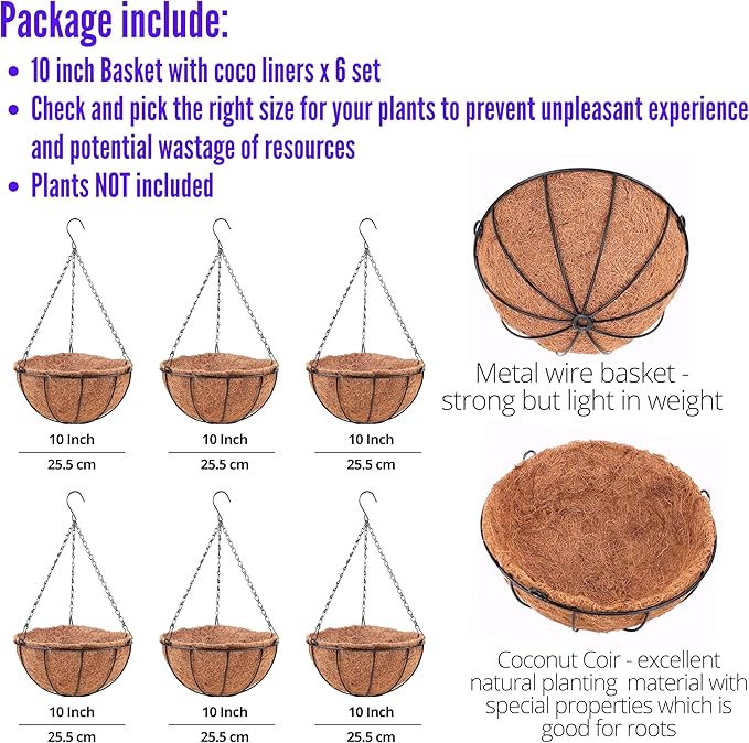 LaLaGreen Hanging Baskets for Plants (6 Pack, 10 Inch) Hanging Planter Outdoor with Coco Liner, Metal Wire Flower Basket Pots Holder Hanger Hook Deck Patio Porch Garden Balcony Outside Decoration