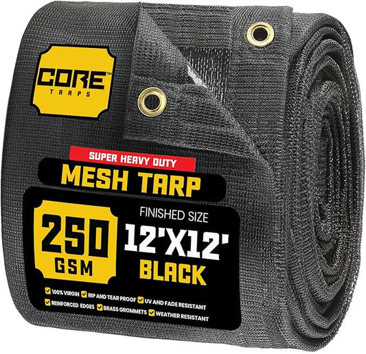 Core Tarps 60% Black Shade Cloth with Grommets - 12 X 12 FT Heavy Duty Mesh Tarp - Sun Shade Cloth for Garden Vegetables Plants Greenhouse Outdoors Backyard Fences Dump Trucks Patio Mesh Shade Tarp
