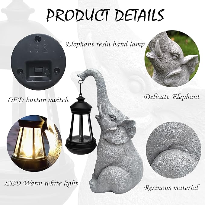 Elephant Solar Garden Statues,Resin Elephant Figurine Decorations with Solar Lights Lantern, Outdoor Garden Decor Art for Lawn,Yard, Unique Housewarming Gift for Garden Home
