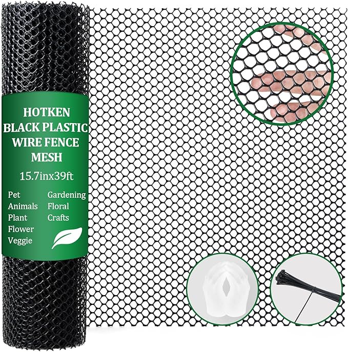 Plastic Wire Fence Mesh Roll, Sturdy Plastic Chicken Wire Mesh, Versatile Animal Fencing Barrier, Garden Netting Solution to Pet, Poultry, Dogs, Cats, Crafts and Gardening(Black, 15.7INx39FT)