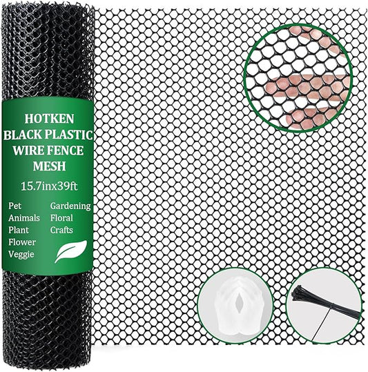 Plastic Wire Fence Mesh Roll, Sturdy Plastic Chicken Wire Mesh, Versatile Animal Fencing Barrier, Garden Netting Solution to Pet, Poultry, Dogs, Cats, Crafts and Gardening(Black, 15.7INx39FT)