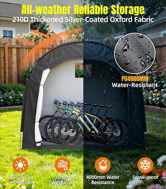 Housolution Bike Storage Tent Shed for 5 Bikes, Outdoor Portable 210D Oxford Thick PU4000 Waterproof Bike Cover with Ventilated Window, Bike Tent Fit for Bicycle, Lawn Mower, Garden Tools