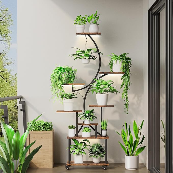 Plant Stand Indoor with Grow Lights, 64" Tall Indoor Plant Stand with Wheels, 8 Tiered Plant Shelf Indoor, Tall Plant Stands Indoor with Pulley for Living Room, Patio