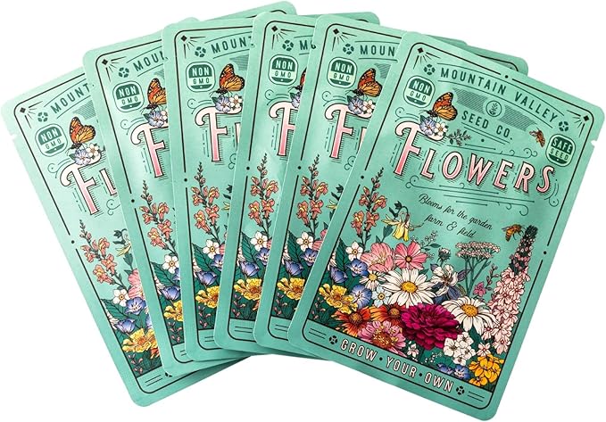Flower Garden Seed Collection - 6 Varieties of Flower Seeds for Planting, ~2,000 Seeds - Includes Zinnia Seeds for Planting, Marigold, Poppy, Cosmos, Sunflower, & Painted Daisy - Non-GMO Flower Seeds