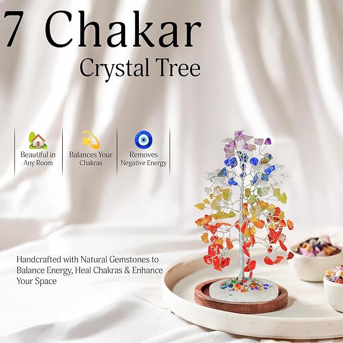 Chakra Tree of Life - Wrapped On Natural Geode Agate Slice Base, w/ Tree of Life Necklace - Chakra Decor, Crystals and Healing Stones, Feng Shui Tree, Seven Chakra Tree, 7 Chakra Tree, Bonsai Tree