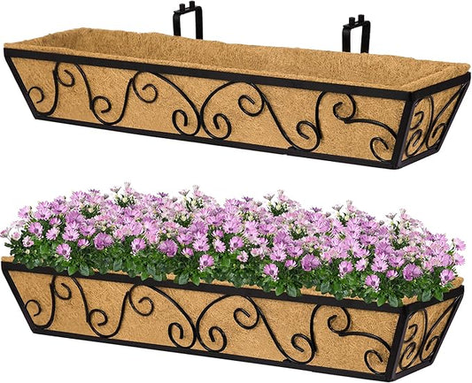 Y&M 30 Inch Butterfly Window Deck with Coco Liner, Fence Metal Hanging Flower Planter Window Basket Deck Railing Planter Boxes for Outdoor Garden Lawn 2pcs