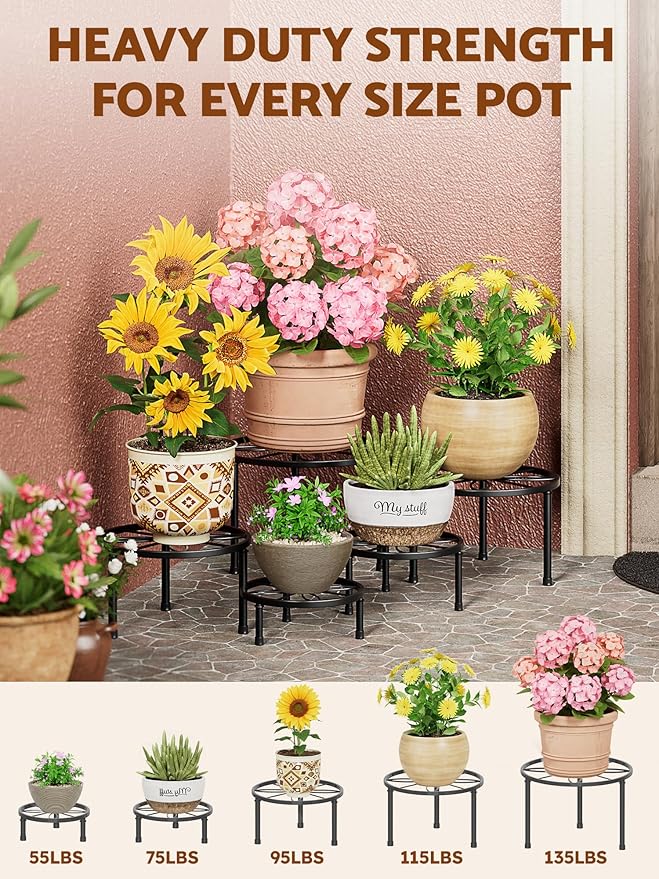 5 Pack Metal Plant Stand Indoor Outdoor,Indoor Plant Stands for Patio Rustproof,Heavy Duty Flower Pot Stands for Multiple Plant,Black Potted Plant Holder for Home(BlackLeaf)