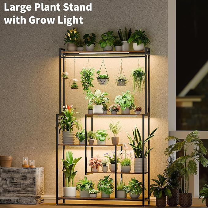 Large Plant Stand Indoor with Grow Light , 72" Tall Metal Plant Shelf, 5 Tiers 12 Pots Holder, Heavy-Duty Rectangle Display Rack for Living Room, Patio, Corner
